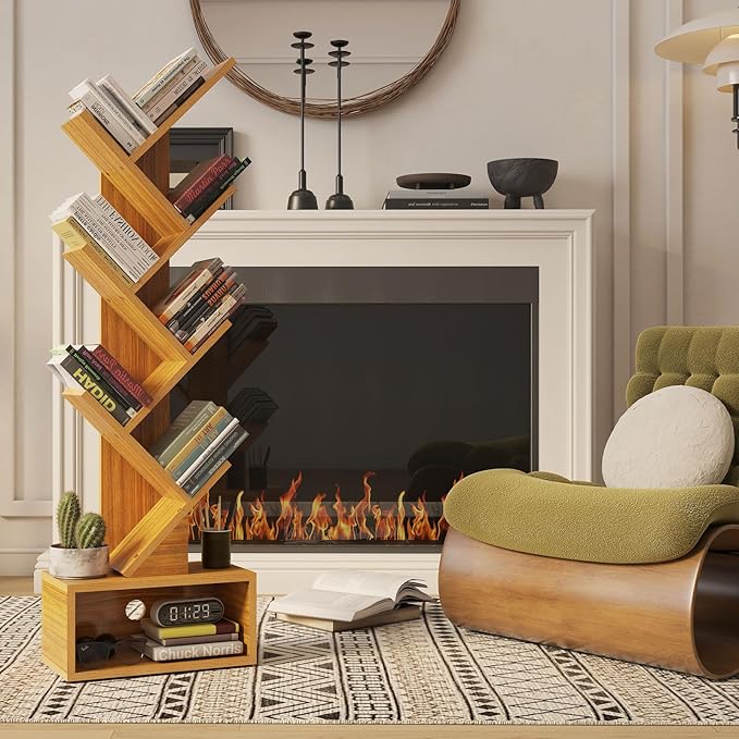YMYNY 6 Tier Tree Bookshelf, Tall Bookcase, Wood Book Storage Rack with Drawer, Modern Floor Standing Book Shelf for Books/Movies/CDs, Utility Organizer for Living Room, Home Office, Natural UHBC016N - LeafyLoom