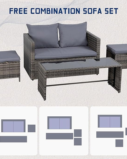 Shintenchi Patio Furniture 4 Pieces Wicker Patio Furniture Sets,Outdoor Wicker Conversation Set Rattan Sectional Sofa with Cushions&Coffee Table for Backyard Porch Garden Poolside Balcony,Gray - LeafyLoom