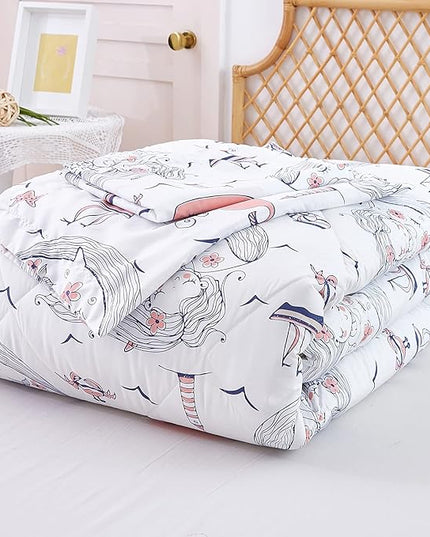 JSD Girls Mermaid Full Comforter Set for Girls, 3 Piece Kids Printed Comforter with Pillow Sham, Soft Comfortable Machine Washable - LeafyLoom