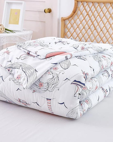JSD Girls Mermaid Twin Comforter Set for Girls, 2 Piece Kids Printed Comforter with Pillow Sham, Soft Comfortable Machine Washable - LeafyLoom