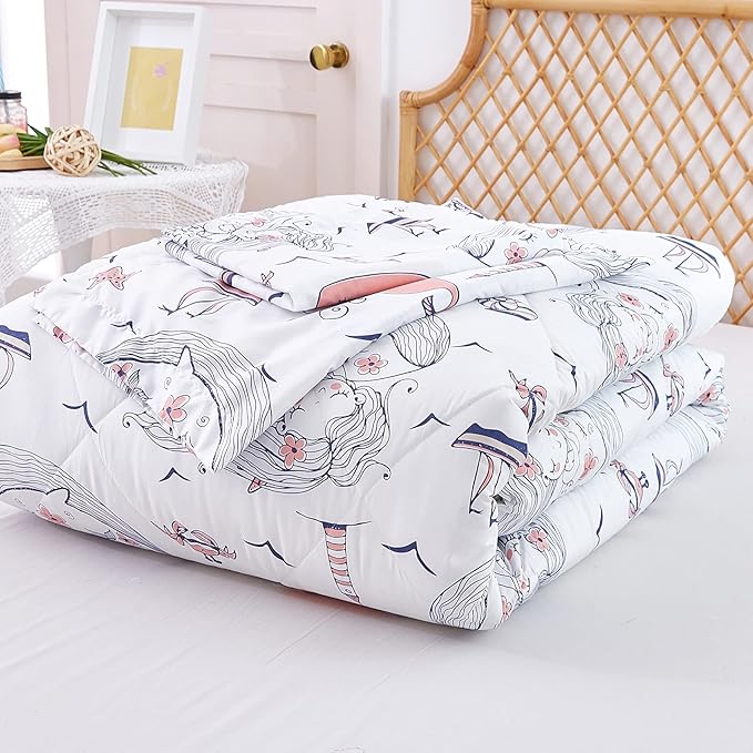 JSD Girls Mermaid Twin Comforter Set for Girls, 2 Piece Kids Printed Comforter with Pillow Sham, Soft Comfortable Machine Washable - LeafyLoom
