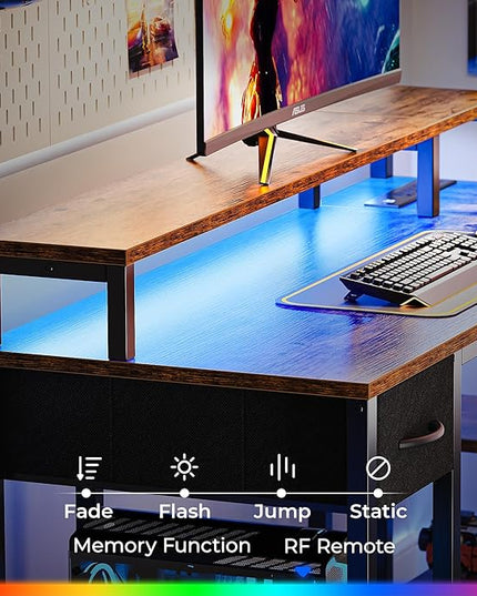 SUPERJARE 47 inch Reversible L Shaped Desk with LED Lights & Power Outlets, Computer Desk with Shelves & Monitor Stand, Gaming Desk with Drawer, Home Office Desk Corner Desk, Rustic Brown - LeafyLoom