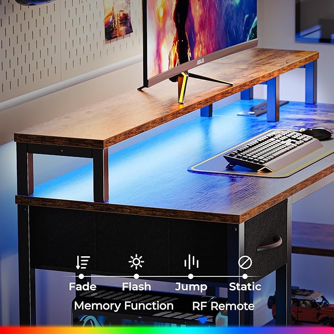 SUPERJARE 47 inch Reversible L Shaped Desk with LED Lights & Power Outlets, Computer Desk with Shelves & Monitor Stand, Gaming Desk with Drawer, Home Office Desk Corner Desk, Rustic Brown - LeafyLoom