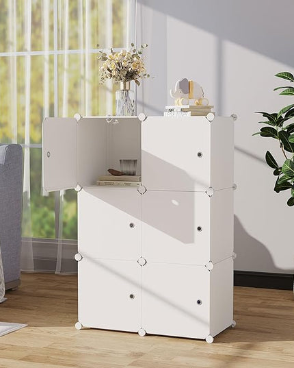 C&AHOME Cube Storage Organizer with Doors, 6-Cube Shelves, Closet Cabinet, DIY Plastic Modular Bookshelf Ideal for Bedroom, Living Room, 36.6”L x 12.4”W x 36.6”H Milky USHS3006M-DOOR - LeafyLoom