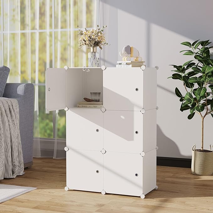 C&AHOME Cube Storage Organizer with Doors, 6-Cube Shelves, Closet Cabinet, DIY Plastic Modular Bookshelf Ideal for Bedroom, Living Room, 36.6”L x 12.4”W x 36.6”H Milky USHS3006M-DOOR - LeafyLoom