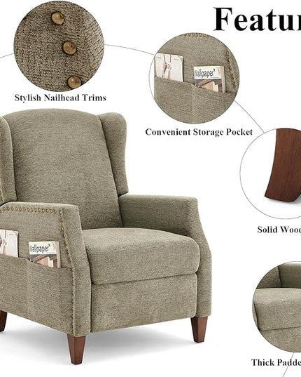 COLAMY Wingback Pushback Recliner Storage Pocket Upholstered Fabric Living Room Chair Armchair, with Wood Legs and Nailhead Trim, Green - LeafyLoom