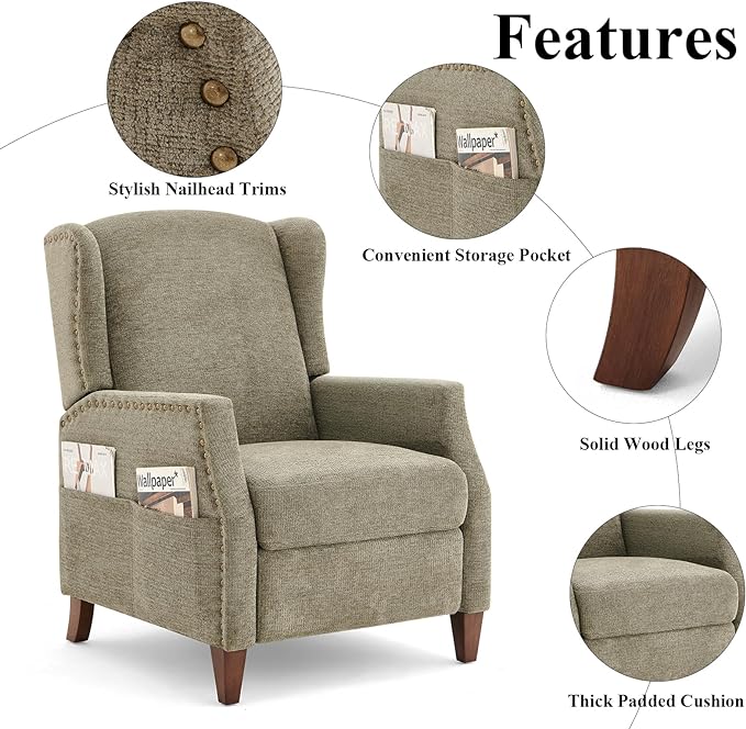 COLAMY Wingback Pushback Recliner Storage Pocket Upholstered Fabric Living Room Chair Armchair, with Wood Legs and Nailhead Trim, Green - LeafyLoom