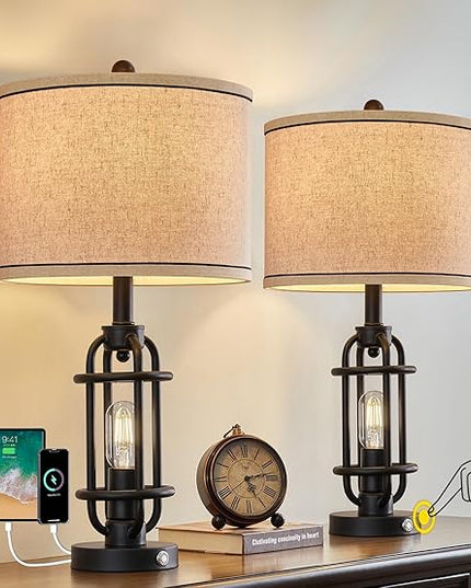 Industrial Black Metal Table Lamps Living Room 23.75'' Lamp for Nightstand Set of 2 Bedside End Lamp Home Decor Touch Lamp Modern Lamps with USB Ports - LeafyLoom