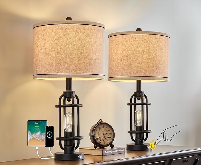 Industrial Black Metal Table Lamps Living Room 23.75'' Lamp for Nightstand Set of 2 Bedside End Lamp Home Decor Touch Lamp Modern Lamps with USB Ports - LeafyLoom
