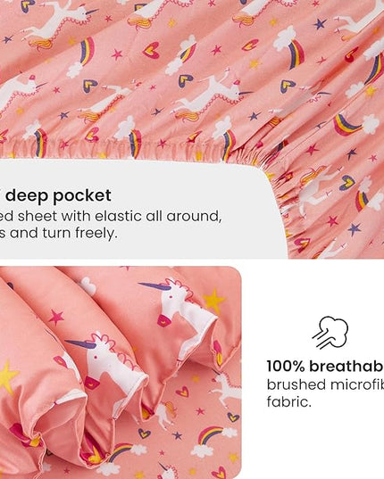 Mooreeke Twin Size Comforter Sets for Girls Kids, 6 Pieces Bed in a Bag Pink Unicorn Rainbow Bedding Comforter Sheet Set with Shams and Decorative Toy Pillow, Ultral Soft Microfiber Kids Bed Set - LeafyLoom