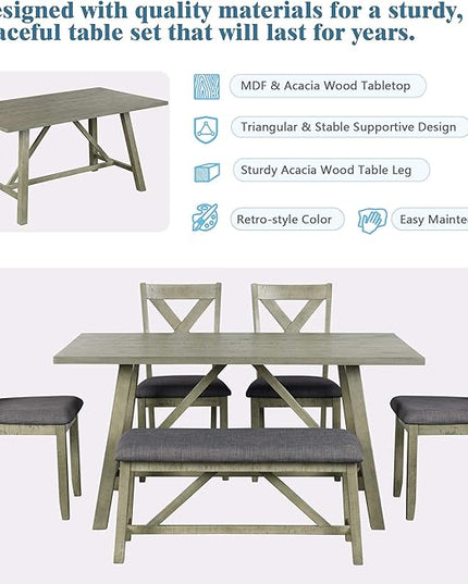 Rustic Style Spacious 4 Chair and Multifunctional Bench, Long-Lasting Solid Rubber Wood Room, Kitchen, 6 Piece Dining Table Set, Gray 8 - LeafyLoom