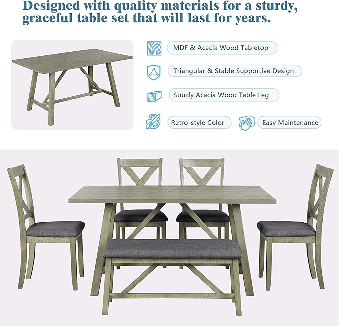 Rustic Style Spacious 4 Chair and Multifunctional Bench, Long-Lasting Solid Rubber Wood Room, Kitchen, 6 Piece Dining Table Set, Gray 8 - LeafyLoom
