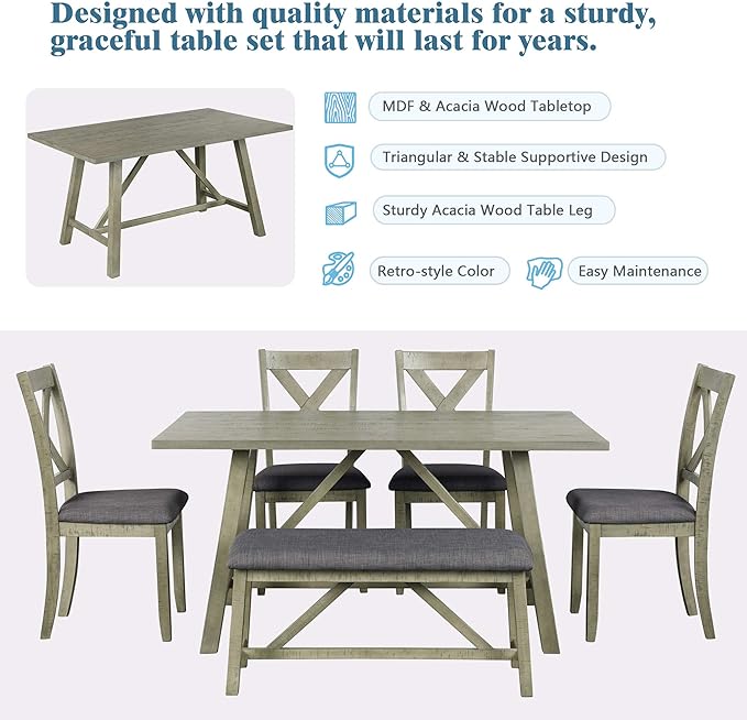 Dining Room Table Set for 6, Wood Kitchen Table Set with 4 Upholstered Chairs & 1 Padded Bench, 6-Piece Rustic Style Dining Table and Chairs for Kitchen, Dining Room, Grey Green - LeafyLoom