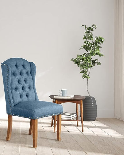 OSP Home Furnishings Jessica Button Tufted Wingback Upholstered Dining Chair with Wood Legs, Navy Blue Fabric - LeafyLoom