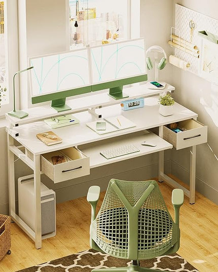 ODK Computer Desk Study Table, 55 Inch Office Desk with Drawers and Keyboard Tray, Study Desk Work Desk with Monitor Shelf, Writing Desk with Storage for Home Office, White - LeafyLoom