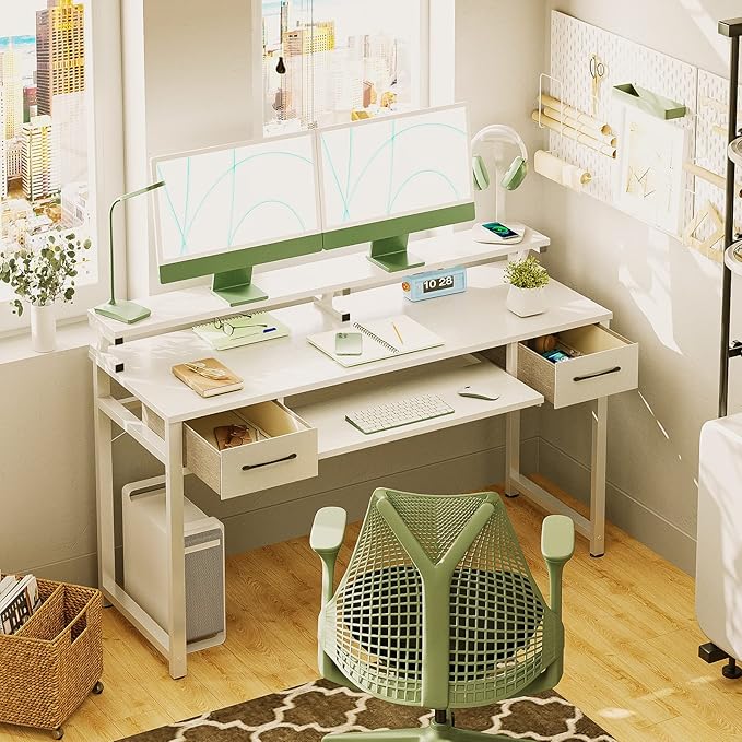ODK Computer Desk Study Table, 55 Inch Office Desk with Drawers and Keyboard Tray, Study Desk Work Desk with Monitor Shelf, Writing Desk with Storage for Home Office, White - LeafyLoom