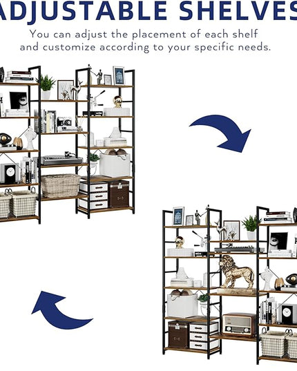 NUMENN Triple Wide 5 Tier Bookshelf, Rustic Industrial Style Bookcases with 14 Open Display Shelves, Modern Tall Bookcase Furniture for Bedroom, Living Room and Home Office, Vintage - LeafyLoom
