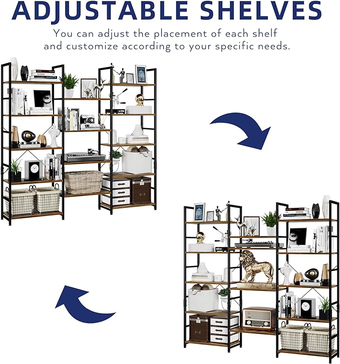 NUMENN Triple Wide 5 Tier Bookshelf, Rustic Industrial Style Bookcases with 14 Open Display Shelves, Modern Tall Bookcase Furniture for Bedroom, Living Room and Home Office, Vintage - LeafyLoom