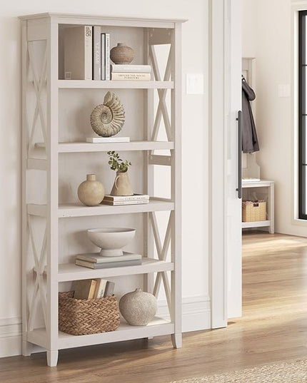 Bush Furniture Key West 2 Lateral File Cabinet | Document Storage & Key West Bookcase Shelf in Linen White Oak | Farmhouse Bookshelf Display Cabinet - LeafyLoom