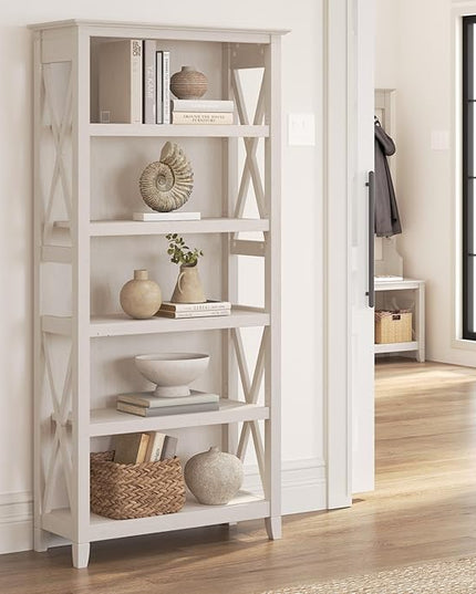 Bush Furniture Key West Bookcase Shelf in Linen White Oak | Farmhouse Bookshelf & Key West Computer Desk with Storage | Small for Home Office | Modern Farmhouse, 54W - LeafyLoom