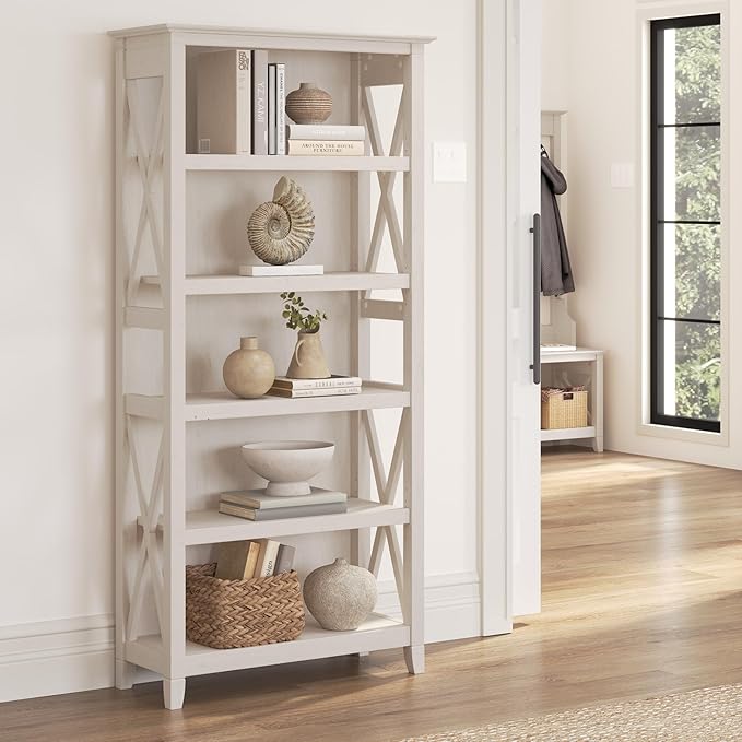Bush Furniture Key West Bookcase Shelf in Linen White Oak | Farmhouse Bookshelf Display Cabinet for Library, Bedroom, Living Room, and Office - LeafyLoom