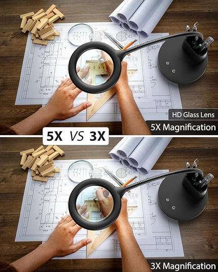 Sailstar Magnifying Glass with Light, 5X Magnifying Lamp, 3 Color Modes Lighted Magnifying Glass, LED Desk Lamp, Pen Holder, Flexible, 800LM, CRI 90, Magnifier with Light for Crafts Close Work, Black - LeafyLoom