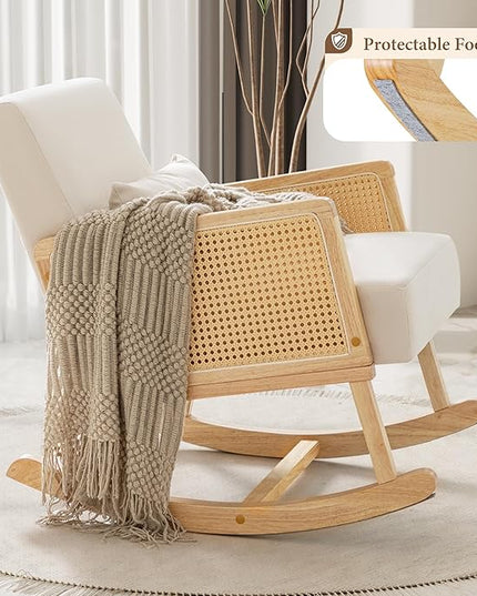 YESHOMY Mid-Century Accent Rocking Chair with Pillow Upholstered with Solid Frame & Breathable Armrest for Living Room, White - LeafyLoom