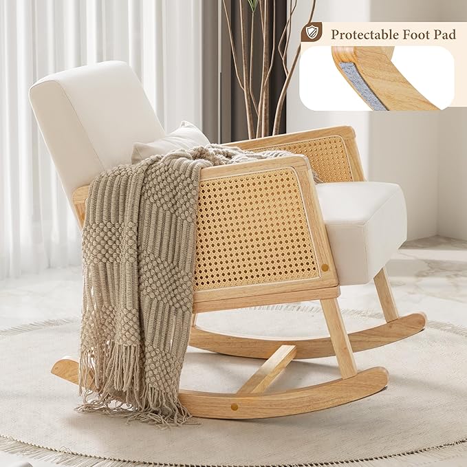 YESHOMY Mid-Century Accent Rocking Chair with Pillow Upholstered with Solid Frame & Breathable Armrest for Living Room, White - LeafyLoom