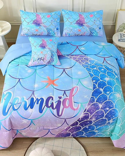 JQinHome Mermaid Comforter Set Twin Size, 6 Piece Mermaid Tail Bed in A Bag,3D Colorful Mermaid Bedding Set for Girls Kids, Sparkle Teal Bedroom Decor Bedding Set with Sheets (Blue) - LeafyLoom
