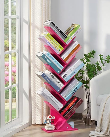 10 Tier Tree Book Shelf, Floor Standing Wood Bookshelf for Narrow Space, Storage Organizer Bookshelves for Books/CDs/Magazine, Bookcase with Shelves for Home Office, Living Room - Pink - LeafyLoom