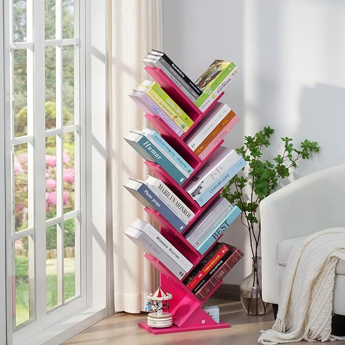 10 Tier Tree Book Shelf, Floor Standing Wood Bookshelf for Narrow Space, Storage Organizer Bookshelves for Books/CDs/Magazine, Bookcase with Shelves for Home Office, Living Room - Pink - LeafyLoom