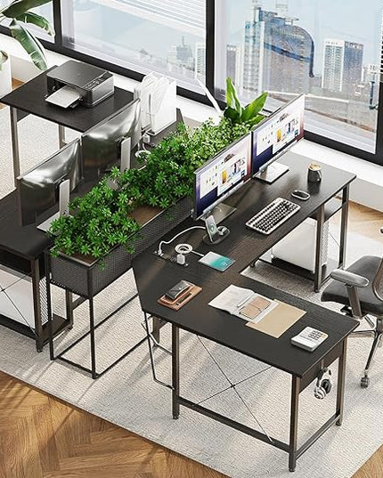 Coleshome L Shaped Computer Desk 59" with Power Outlet, Corner Desk Workstation with Storage Shelves, Modern Wooden Office Gaming Desk, Wood & Metal PC Desk, Black - LeafyLoom