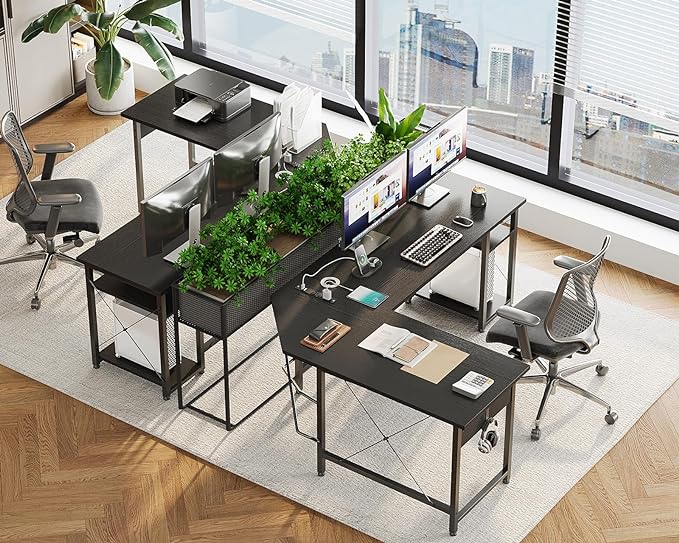 Coleshome L Shaped Computer Desk 59" with Power Outlet, Corner Desk Workstation with Storage Shelves, Modern Wooden Office Gaming Desk, Wood & Metal PC Desk, Black - LeafyLoom