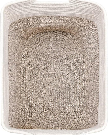 Toy Storage Baskets for Clothes Fabric Cotton Rope Storage Basket with Handles, Decorative Woven Basket for Living Room,Closet Organizer Blankets, and Toys (White Brown 2bags) - LeafyLoom