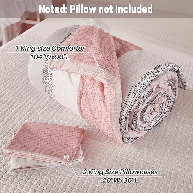Litanika Pink King Size Comforter Set, 3 Pieces Blush White Colorblock Lightweight Bedding Comforter Set - LeafyLoom