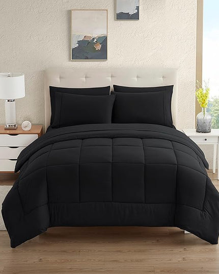 Dorm Room Essentials College Bedding Comforter Set 7 Piece Full Size Bed in a Bag for College Students Boys and Girls, Full, Black - LeafyLoom