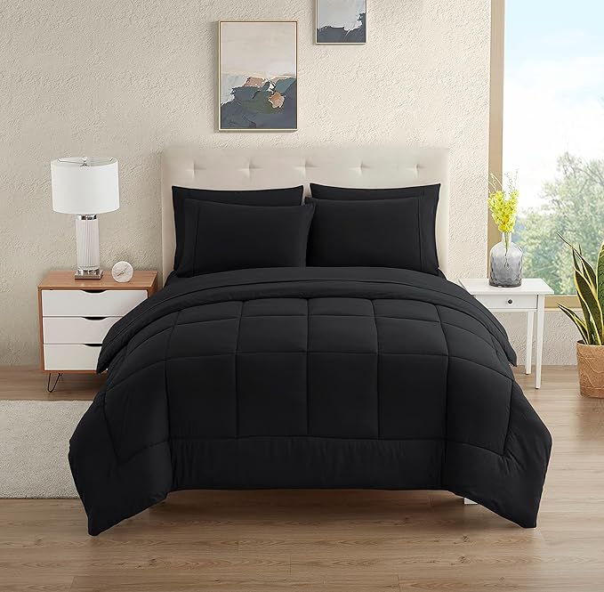Dorm Room Essentials College Bedding Comforter Set 5 Piece Twin Size Bed in a Bag for College Students Boys and Girls, Twin, Black - LeafyLoom