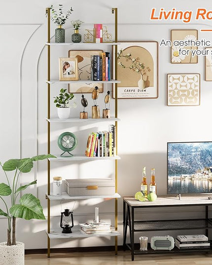 Ladder Shelf 6 Tiers Marble White Modern Bookshelf Open Tall Wall Mount Bookcase Standing Leaning Wall Shelves Industrial Decorative Living Room Bed Room - LeafyLoom