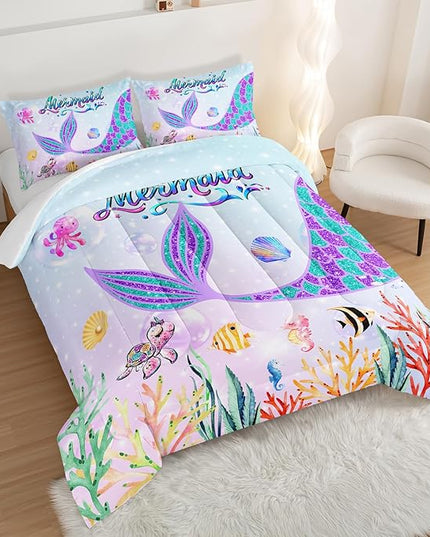 HOSIMA Mermaid Tail Comforter Set for Kids Girls Teens Bedroom Decor,Cartoon Scallop Sea Turtle Sea Horses Octopus Kawaii Bedding Set Mermaid Fish Scale Queen Comforter Set.Ocean Comforter - LeafyLoom