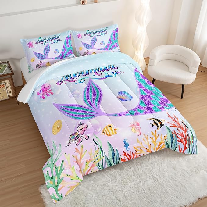 HOSIMA Mermaid Tail Comforter Set for Kids Girls Teens Bedroom Decor,Cartoon Scallop Sea Turtle Sea Horses Octopus Kawaii Bedding Set Mermaid Fish Scale Queen Comforter Set.Ocean Comforter - LeafyLoom
