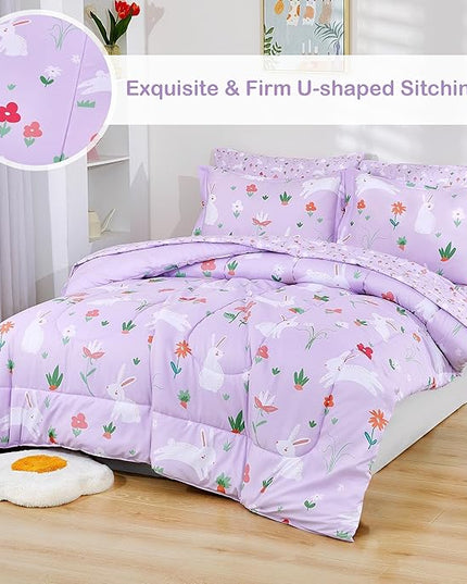 Mooreeke Bed in a Bag for Kids Girls Teens, 7 Pieces Full Size Comforter Bed Set with Shams, Sheet Set, Rabbit Purple Super Soft Microfiber Kids Comforter Bedding Set - LeafyLoom