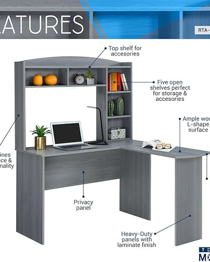 Techni Mobili Modern Hutch L-Shaped Computer Desk, Grey - LeafyLoom