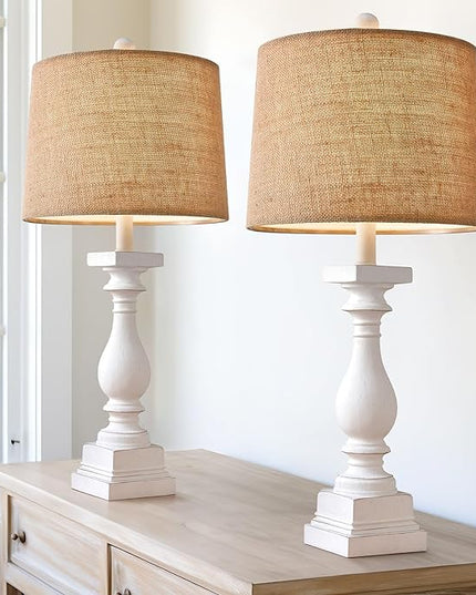 BOBOMOMO 27" USB A+C Farmhouse Table Lamp Set of 2 Vintage Rustic Traditional Nightstand Bedside Lamps Retro Side Table Lamps (Washed White) - LeafyLoom