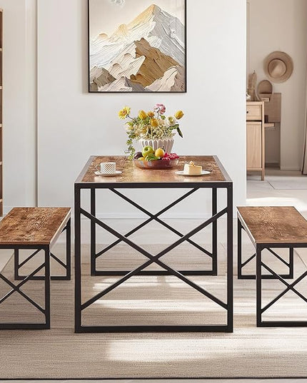 VECELO 55" Kitchen Table Set for 4-6, Wood Dining Room Dinette 2 Benches with Metal Frame for Breakfast Nook and Small Space, Brown - LeafyLoom