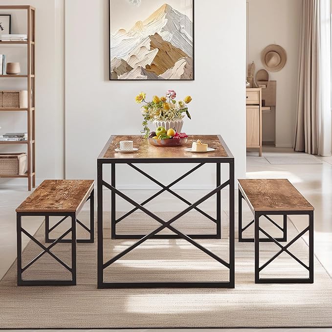 VECELO 55" Kitchen Table Set for 4-6, Wood Dining Room Dinette 2 Benches with Metal Frame for Breakfast Nook and Small Space, Brown - LeafyLoom
