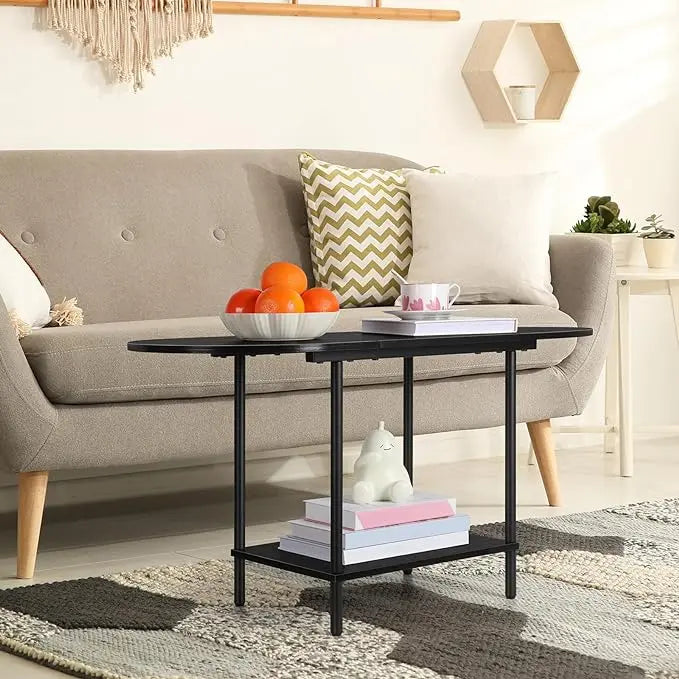 ETELI Black Coffee Tables for Living Room 2-Tier Small Oval Coffee Table Wood Accent Coffe Tables with Storage Shelf Modern Mesa De Centro Sala for Small Space, Home Office - LeafyLoom