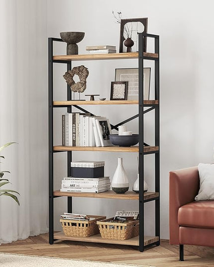 5 Tier Bookshelf Rustic Industrial Style, Storage Shelves, Metal Book Shelves Bookcase Book Shelf Display Shelf for Home Office, Living Room, Bedroom, Kitchen (31.5" W, Brown) - LeafyLoom