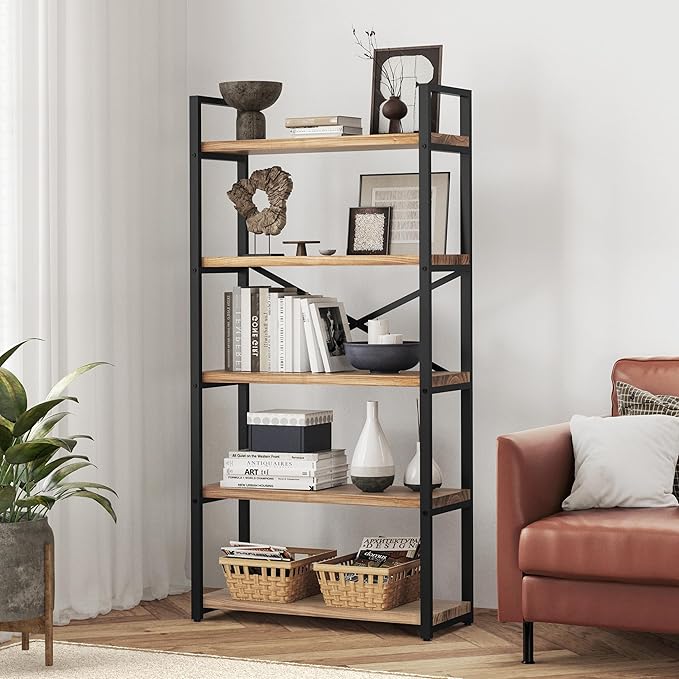 5 Tier Bookshelf Rustic Industrial Style, Storage Shelves, Metal Book Shelves Bookcase Book Shelf Display Shelf for Home Office, Living Room, Bedroom, Kitchen (31.5" W, Brown) - LeafyLoom