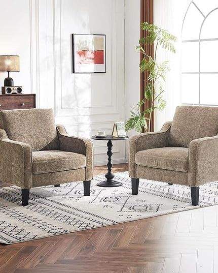 VINGLI Accent Chairs Set of 2 Living Room Chairs Light Brown Reading Chair for Bedroom Scooped Arm Chair Mid Century Modern Accent Chairs Upholstered Comfy Chair for Apartment, Waiting Room - LeafyLoom