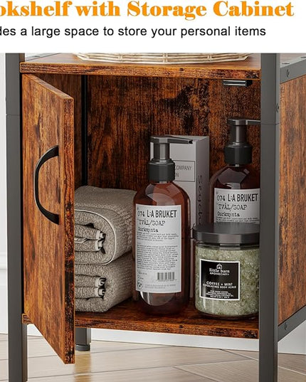 Furologee 5-Tier Bookshelf, Narrow Shelf with Storage Cabinet for Bedroom, Metal and Wood Shelf, Industrial Freestanding Display Tall Shelf for Living Room, Home Office, Bathroom, Rustic Brown - LeafyLoom